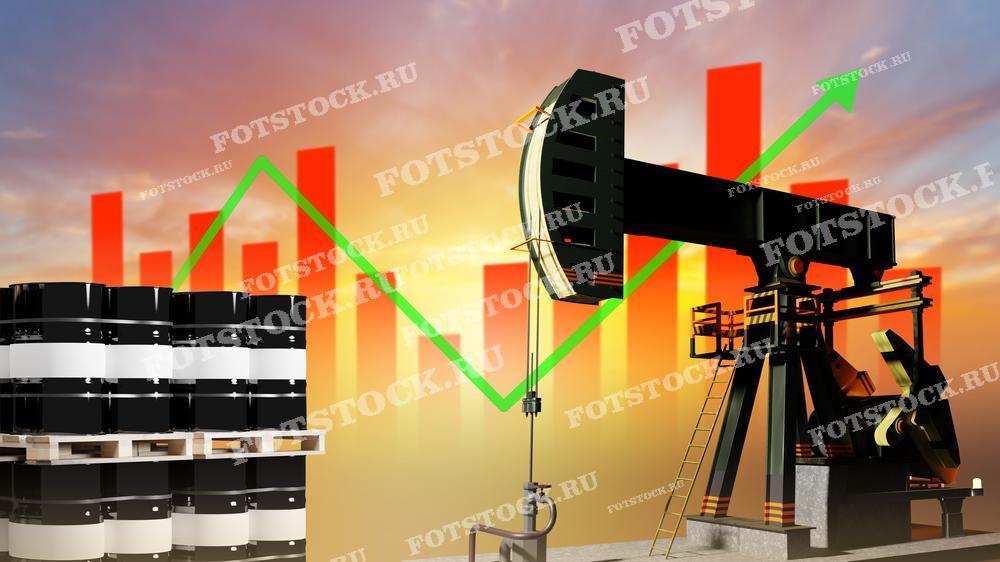 На фотографии изображена нефтяная качалка и бочки с нефтью на фоне заката и графика роста. Изображение символизирует рост цен на нефть и увеличение объемов добычи в индустрии.